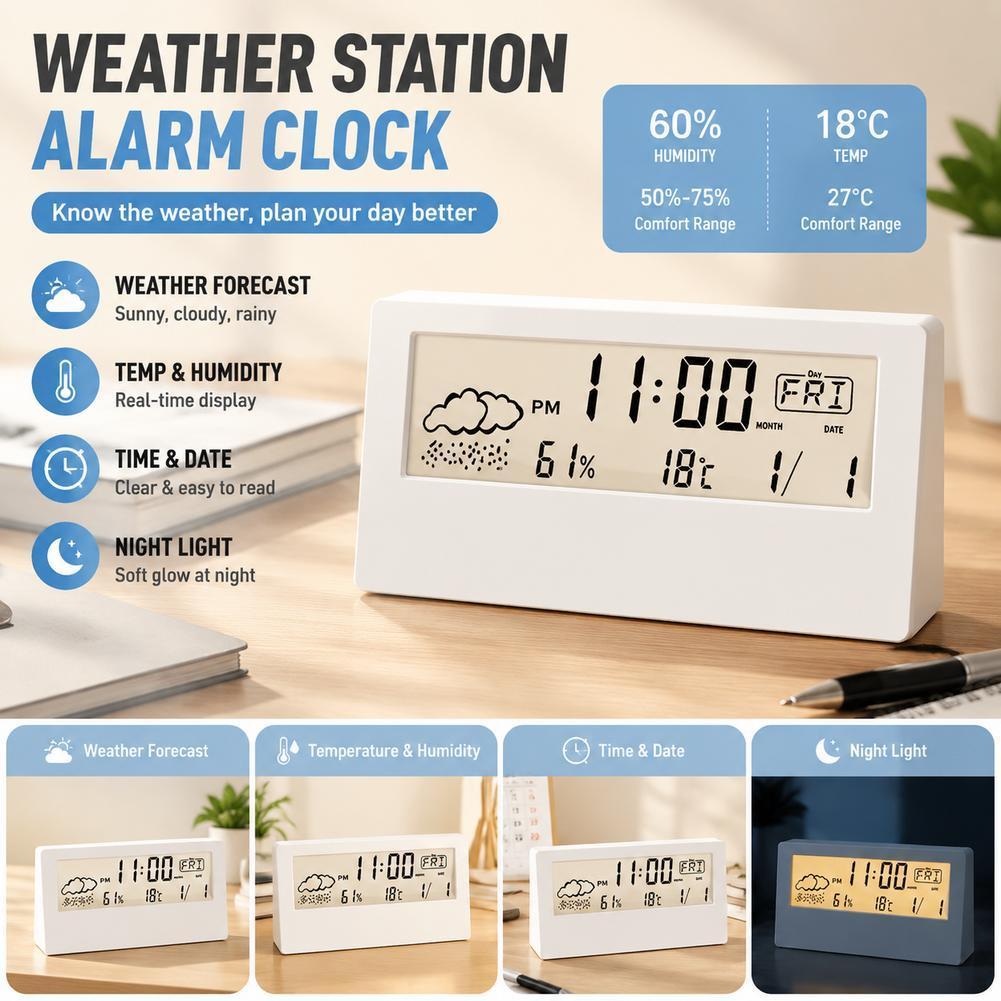 นาฬิกาปลุกดิจิตอลพร้อมเครื่องวัดอุณหภูมิไฮโกรมิเตอร์ในร่ม Snooze Night Light K8d6