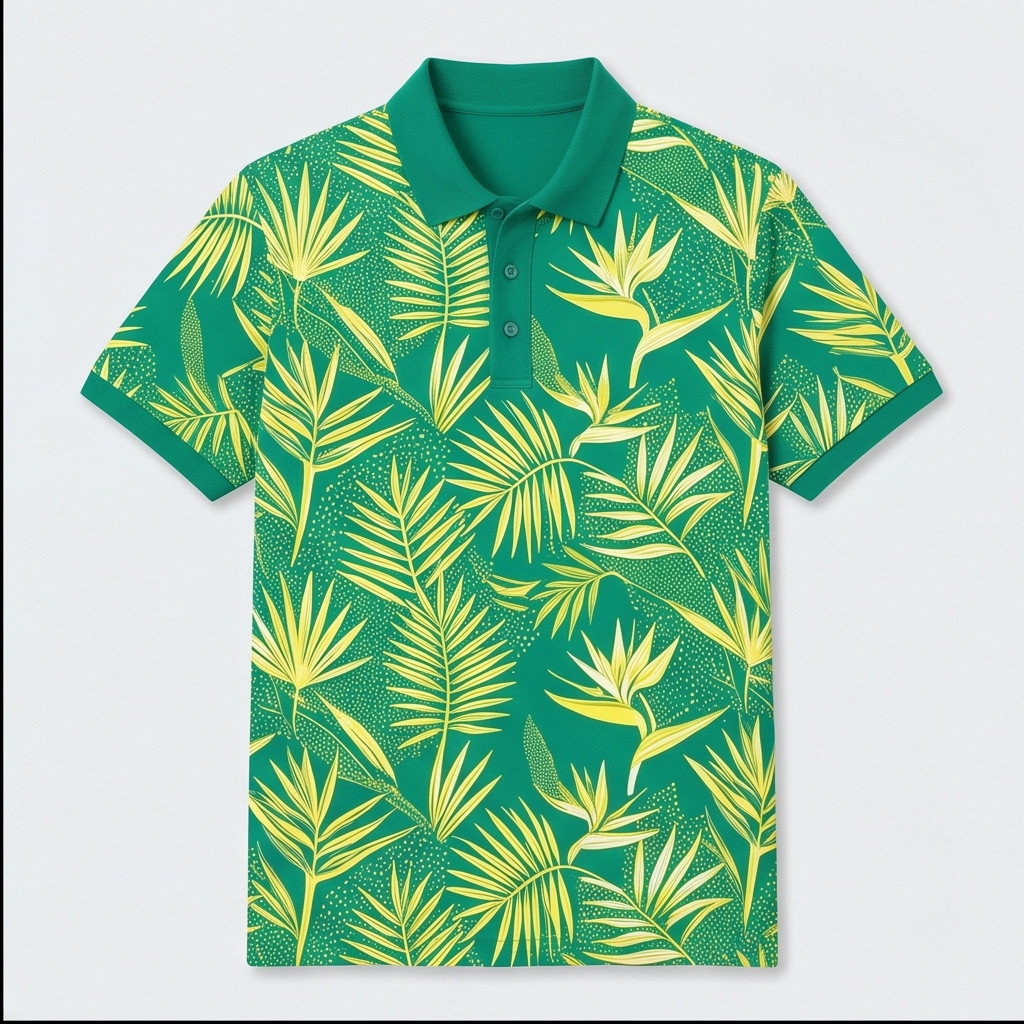 ผู้ชาย Kelly Green Bird of Paradise Palm Leaf พิมพ์เสื้อโปโลแขนสั้นฤดูร้อนฮาวาย Leisure Golf Vacatio