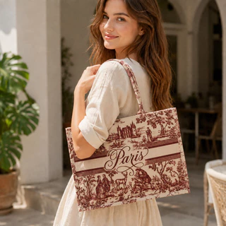 กระเป๋าโท้ทผ้าแคนวาส พรีเมียม Luxury French Toile de Jouy Aesthetic Tote Bag Women