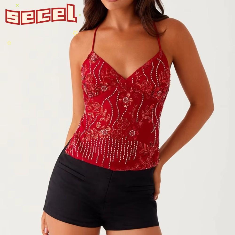 SECEL Pearl Embellished Cami Tops, V คอตัดลูกปัดเลื่อม Halter Crop Tops, Y2k ความงาม Halter คอ Glitt