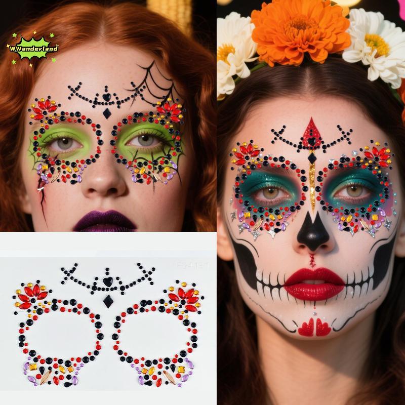 [WWanderland] ดอกไม้ที่มีสีสัน Skull Rhinestone Face Jewel Stiers Self กาวสําหรับ EDM เทศกาลคอสเพลย์