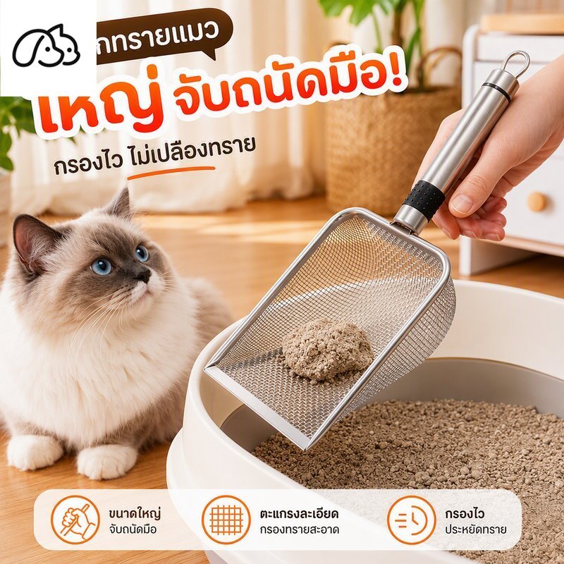 ตะแกรงทรายแมวตาข่ายละเอียด ที่ตักสแตนเลสทนทาน สำหรับถาดทรายแมวขนาดใหญ่ กล่อง กระชอนร่อนทราย