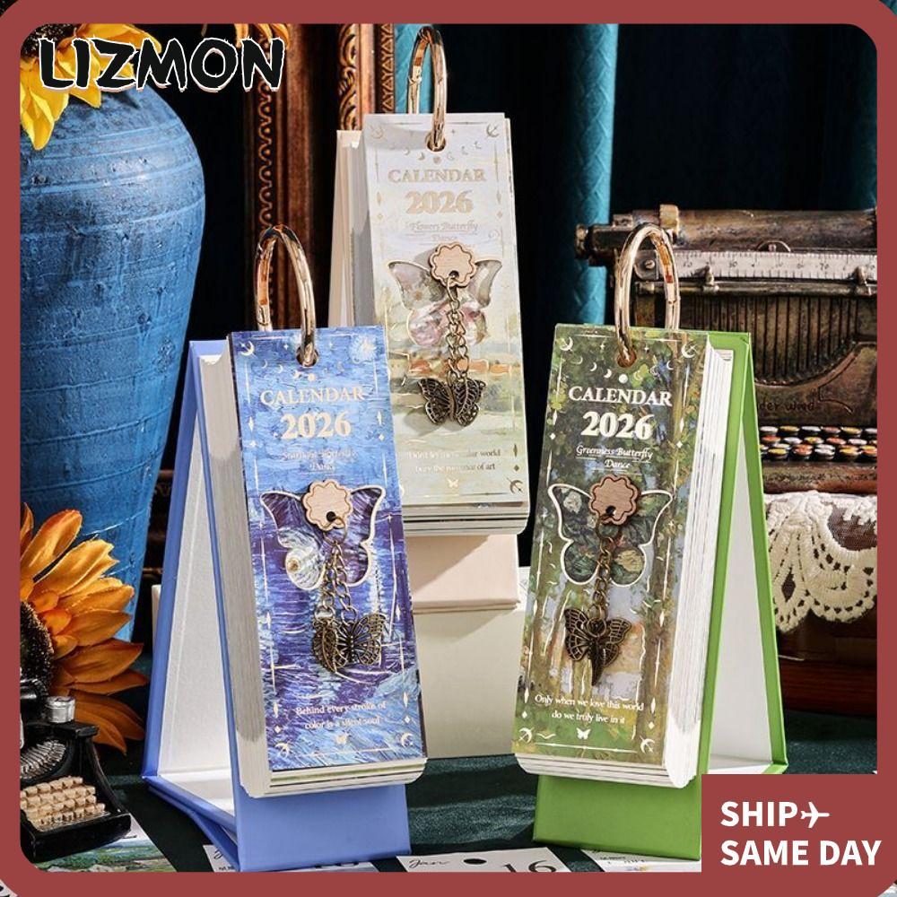 LIZMON 2026 ปฏิทินตั้งโต๊ะ, ผีเสื้อกลวงแนวตั้ง Format Vintage ภาพวาดสีน้ํามัน, แสดงวันที่ Hand-torn 