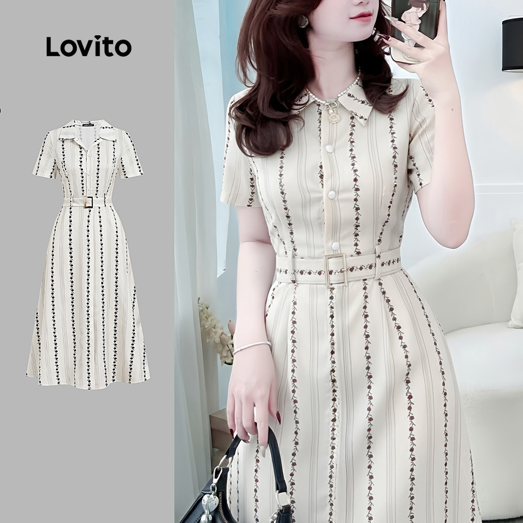 Lovito สง่างาม เดรสผู้หญิงทรง ติดกระดุมด้านหน้าพร้อมเข็มขัดสําหรับฤดูใบไม้ผลิ/ฤดูร้อน สีคากิ L171ED992