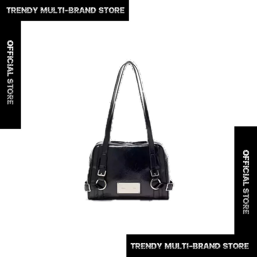 【Matin Kim】 BIKER DETAIL SQUARE SHOULDER BAG-BLACK กระเป๋าเกาหลี