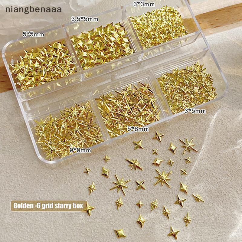 (niangbenaaa) 6 กริด Metallic Gold Silver Nail Art Rhinestones Decor เล็บ Charms Flatba Starburst Pentagrams Jewel Nail Accessories ใหม่