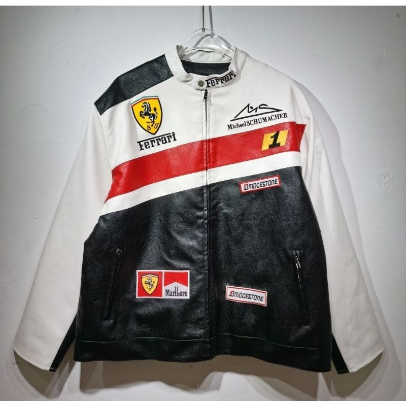 New F1 white racing suit, stand-up collar with zipper, street hip-hop rap style, Leclerc, windproof 