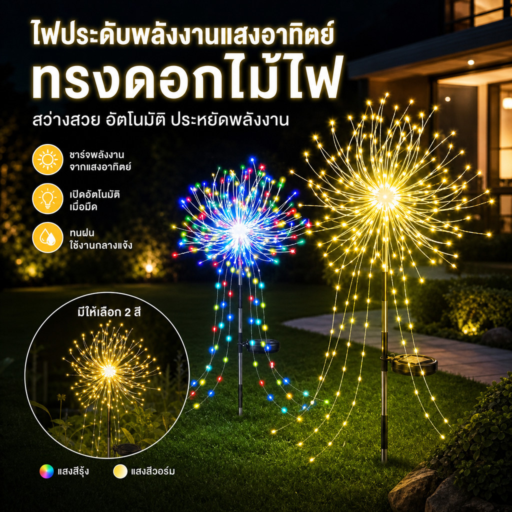 ไฟปักสนามหญ้าโซล่าเซลล์ รูปกิ่งไฟระเบิด กันน้ำ IP44 เซ็นเซอร์แสงเปิดปิดอัตโนมัติ ปุ่มกดสลับโหมดแสง