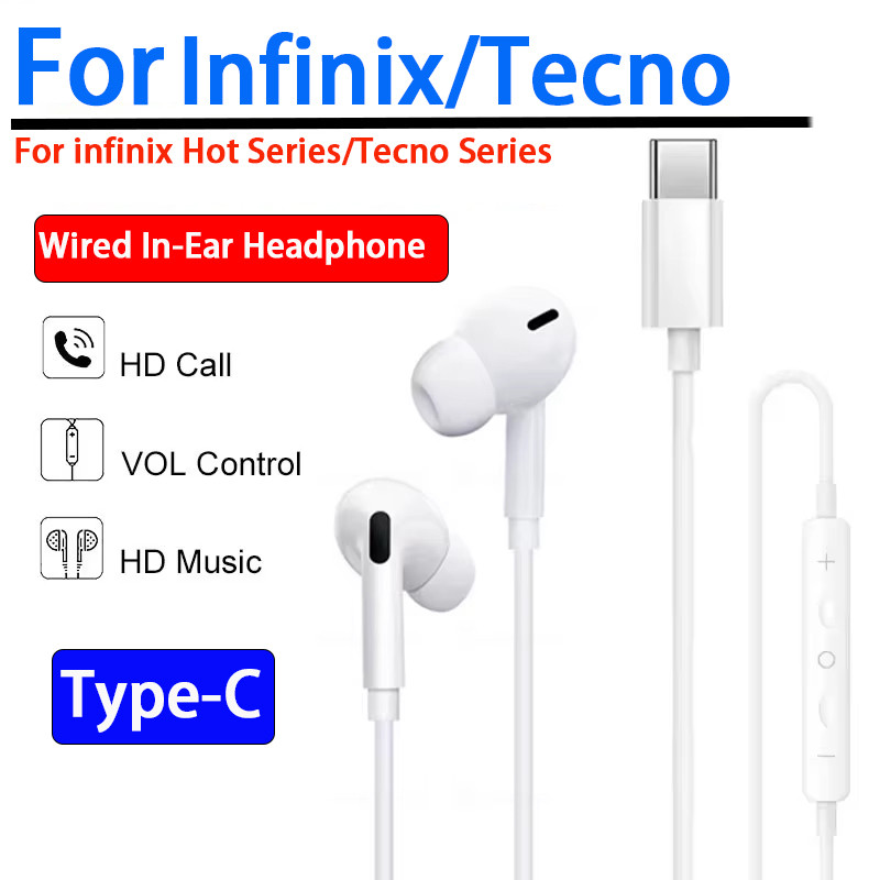ประเภท C หูฟังแบบมีสายสําหรับ infinix Hot 70 60 60i 50 Pro Tecno Pova 7 Pro หูฟังหูฟังสําหรับ Smart20 10 9 Spark50 5G 4G Spark50Pro อุปกรณ์เสริมโทรศัพท์