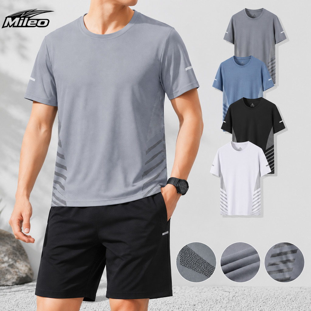 Mileo ซื้อ 1 แถม 1 ผ้าไหมน้ําแข็งแห้งเร็ววิ่งเสื้อผู้ชายผู้หญิง ยู นิสซ์ ตาข่ายระบายอากาศยิมกีฬาเสื้อยืดขนาดบวก ม-5เอ็กแอล
