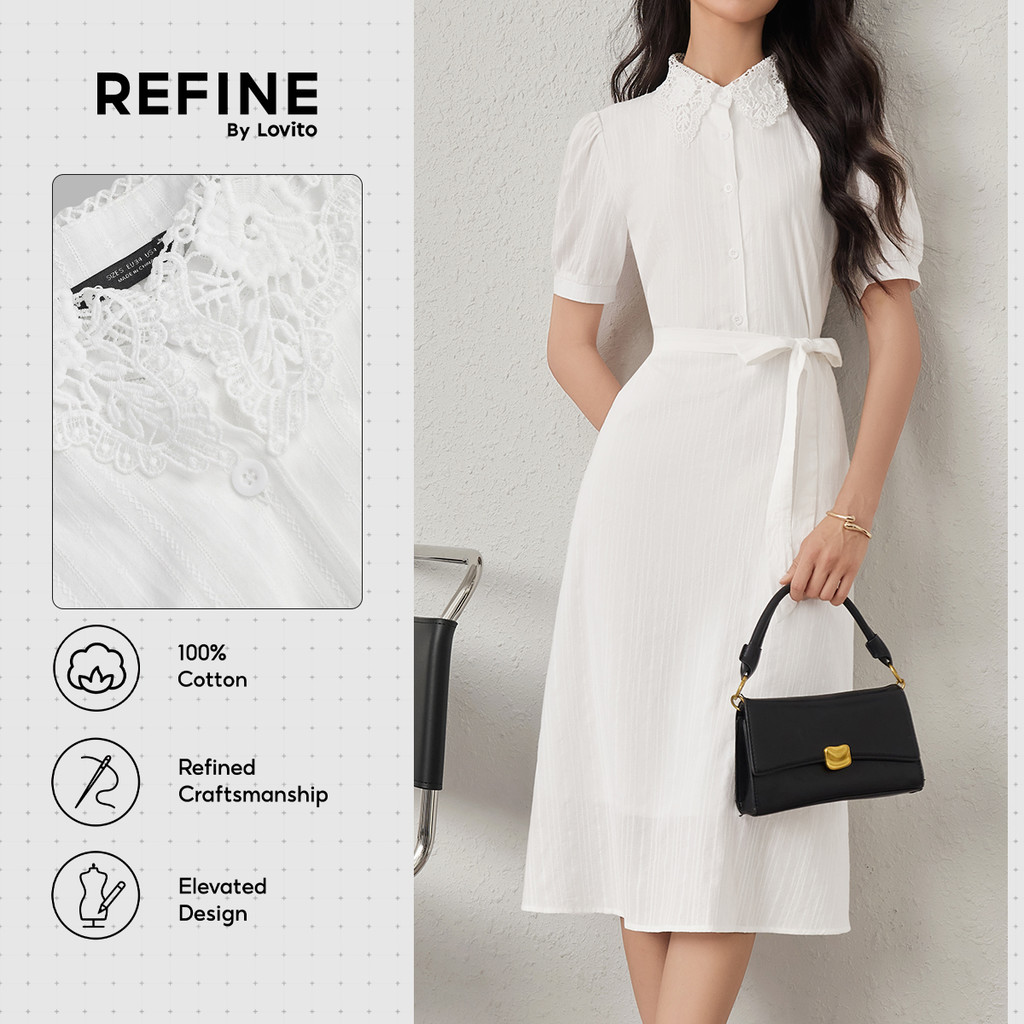 (New Arrival) (Refine by Lovito) เดรสทำงาน ผ้าฝ้ายปักลาย ลายจาการ์ด มีเข็มขัด สองชั้น เดรสสีขาว ผู้หญิง ฤดูใบไม้ผลิ-ฤดูร้อน DRR42P1D026
