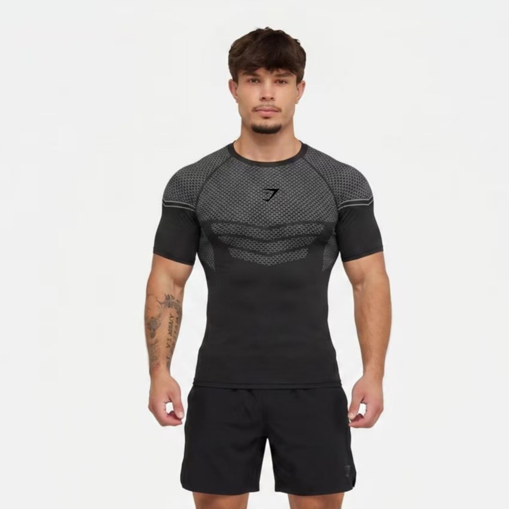 GYMSHARK ONYX5 ผู้ชายผู้หญิงกีฬาฟิตเนส Quick-Drying Breathable ยืดรอบคอแขนสั้นการฝึกอบรมชุด T @-