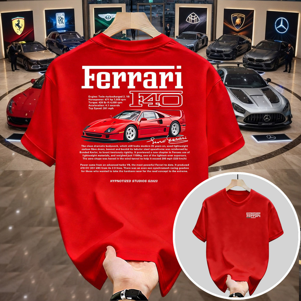 เสื้อยืดผู้ชาย Ferrari F40 ผ้าฝ้ายหวี 24s ลายรถแข่ง Supercar Distro 7 สี
