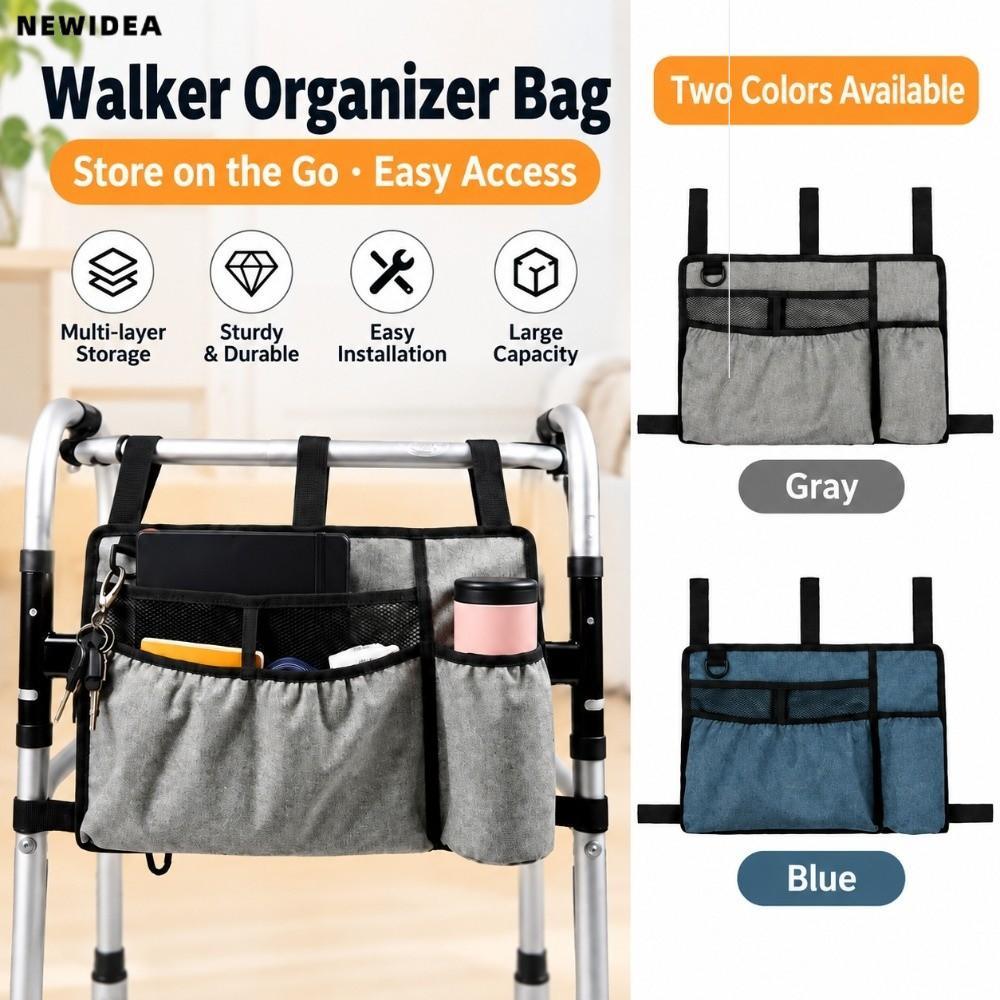 NEWIDEA Walker Bag, สายปรับระดับได้ Hands Free Storage Walker Pouch Attachments, ที่วางแก้วน้ําความจ