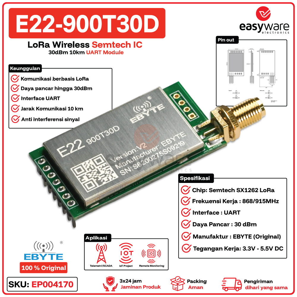 EBYTE E22-900T30D E22 900T30D LoRa ไร้สาย Semtech IC 30dBm 10km UART LoRa โมดูล