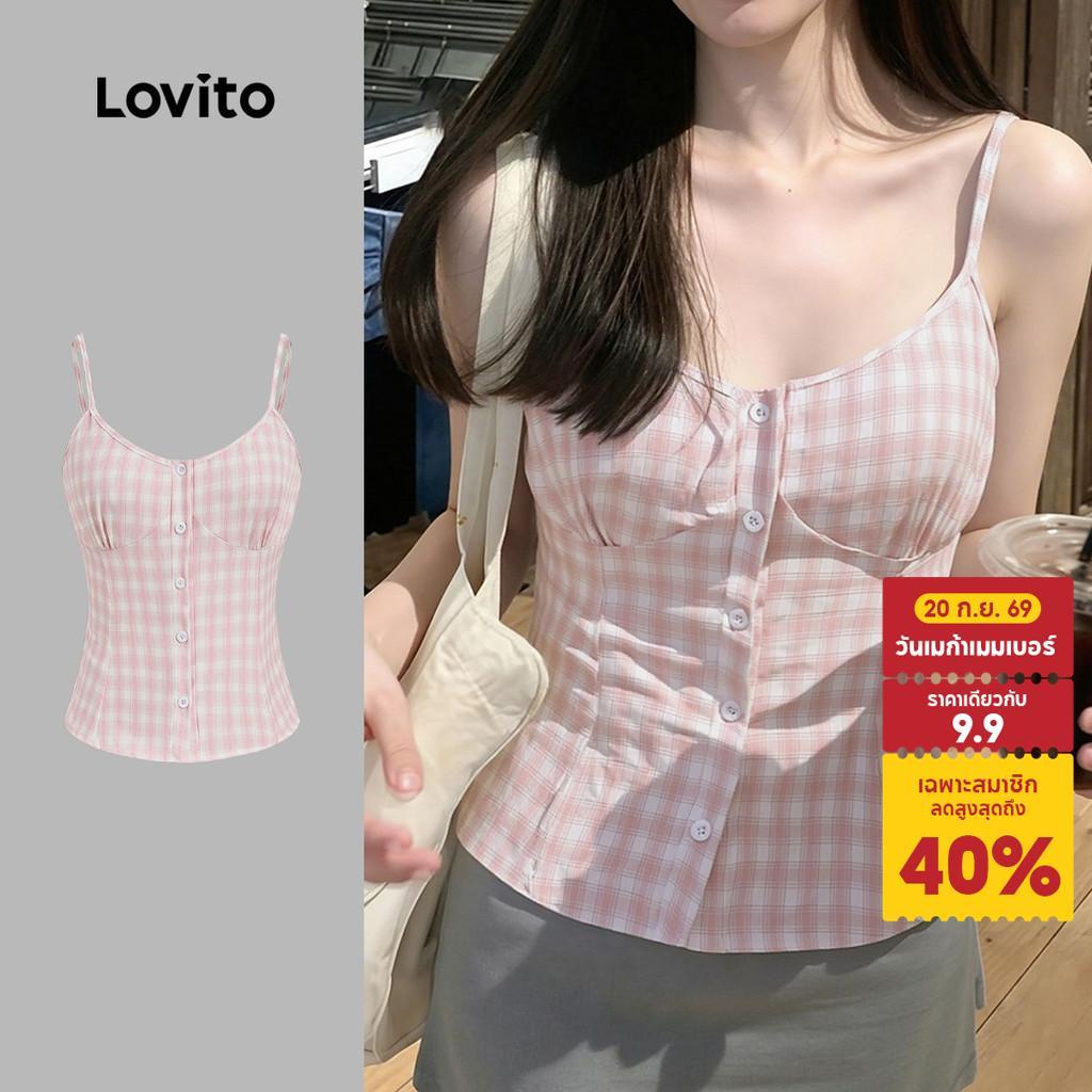 Lovito เสื้อลําลองผู้หญิง สีชมพู เรียบง่าย มีปุ่มด้านหน้า สไตล์ลําลอง เหมาะสําหรับฤดูใบไม้ผลิ/ฤดูร้อน เกาหลี อินเทรนด์ L197AD1030