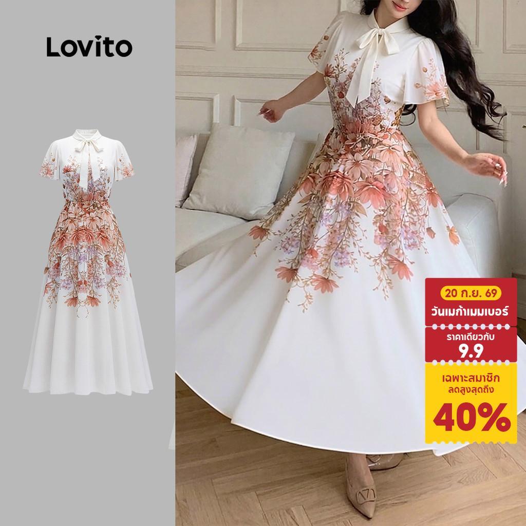 Lovito สง่างาม เดรสผู้หญิงลายลูกไม้สําหรับฤดูใบไม้ผลิ/ฤดูร้อน ผูกเอว LK3LD408