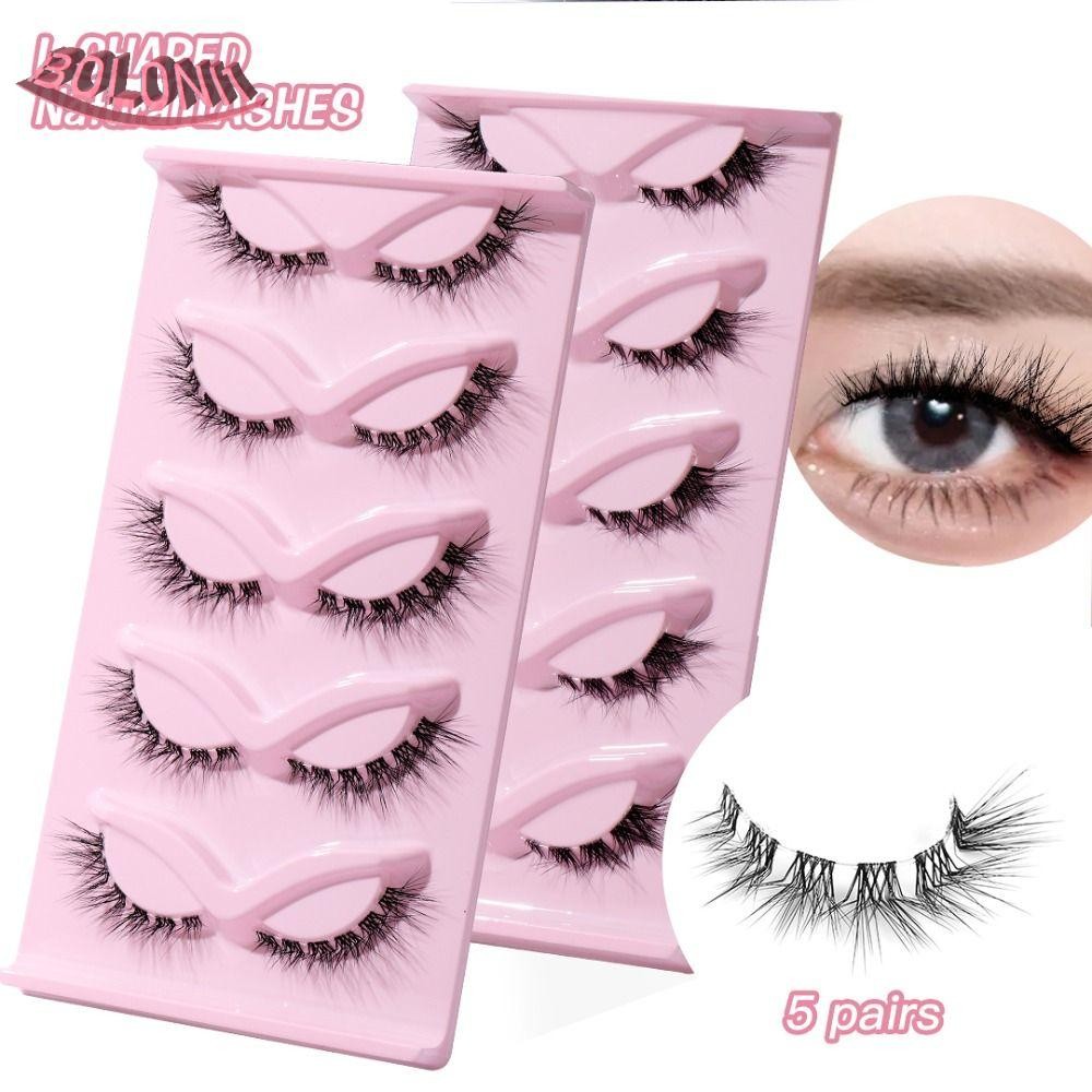 BO 5 คู่ L Curl ขนตาปลอม, เฉียง 3D Cat Eye ปลอม Lashes, ธรรมชาติยาว Winged Full Strip Clear Stem Fau