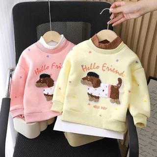 MooDeng Baby เสื้อกันหนาวเด็กหญิง ไซต์ 80-150 เซน ลายหมา สีเหลืองและชมพู ดีไซน์น่ารัก ให้ความอบอุ่นในวันหนาว