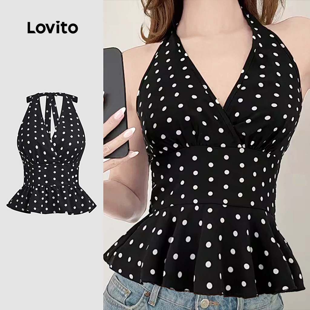 (NEW) Lovito เสื้อเปิดหลังแบบเก๋ไก๋สำหรับฤดูใบไม้ผลิ/ฤดูร้อน สีดำและขาว L154ED1133