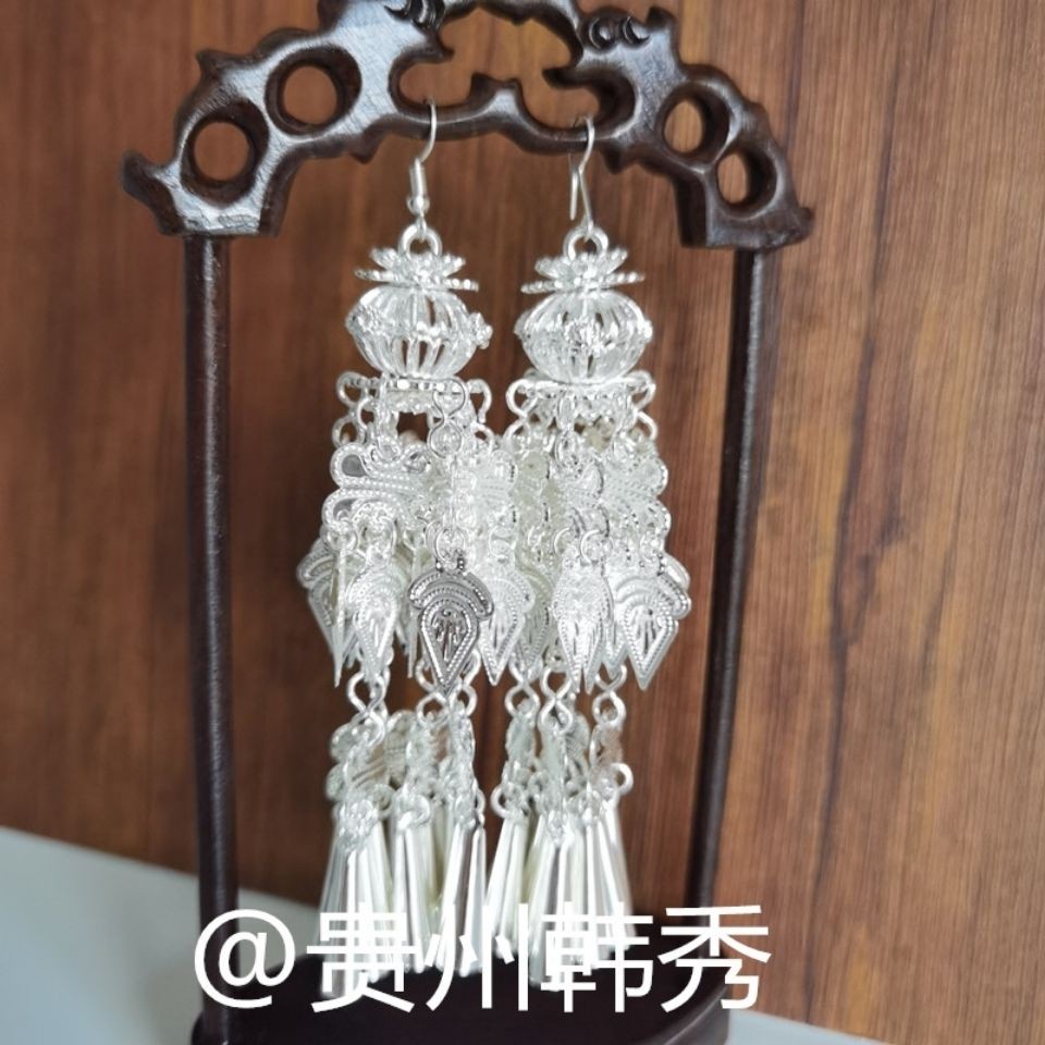 ต่างหูแบบเอthnic แม้ว สร้อยข้อมือเงินสไตล์ใหม่ขนาดใหญ่ พร้อมต่างหูโคมไฟยาวคู่