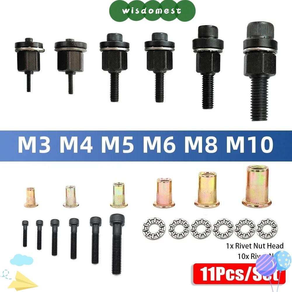 WISDOMEST 11 ชิ้น/เซ็ต Hand Rivet Nut, Mandrel Staple M3 M4 M5 M6 M8 M10 คู่มือ Riveter เครื่องมือ,พร้อม Rivet Nuts ไฟฟ้า Riveting อะแดปเตอร์สําหรับ Rivet NUT ไฟฉายหัว Rivet ชุดเครื่องมือ