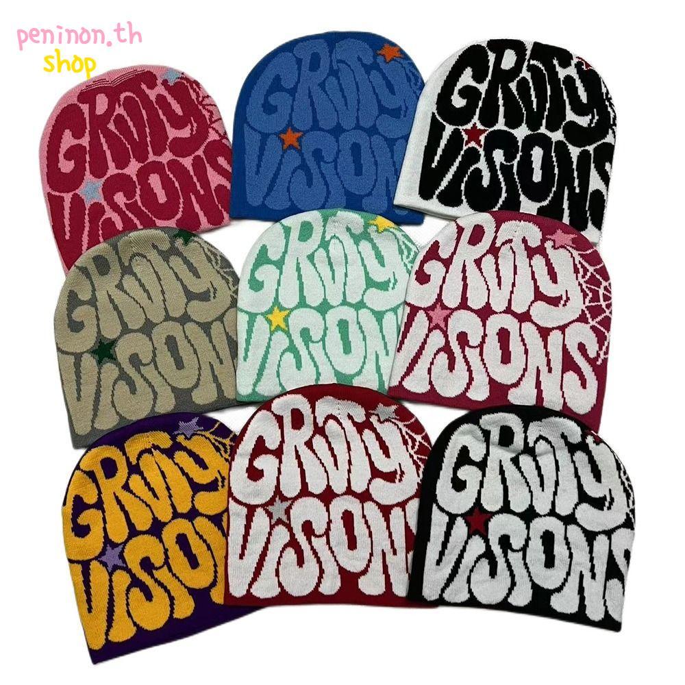 PENINON Beanies Bonnet สไตล์ Y2K พิมพ์ถัก ทำจากขนสัตว์ปลอมอะคริลิค อุ่นและแฟชั่น สำหรับทั้งผู้ชายและ