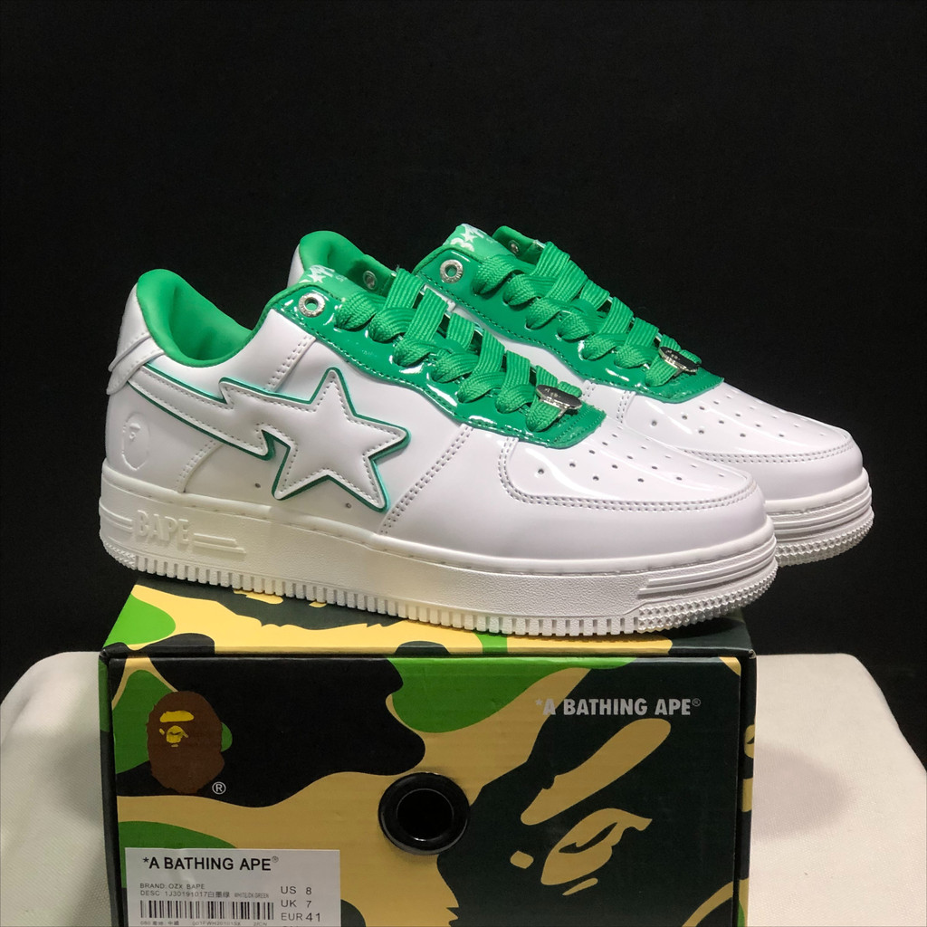 Bape Sta รองเท้าบอร์ดลําลองตัดต่ําสีขาวสีเขียวที่ทนต่อการสึกหรอและสะดวกสบาย