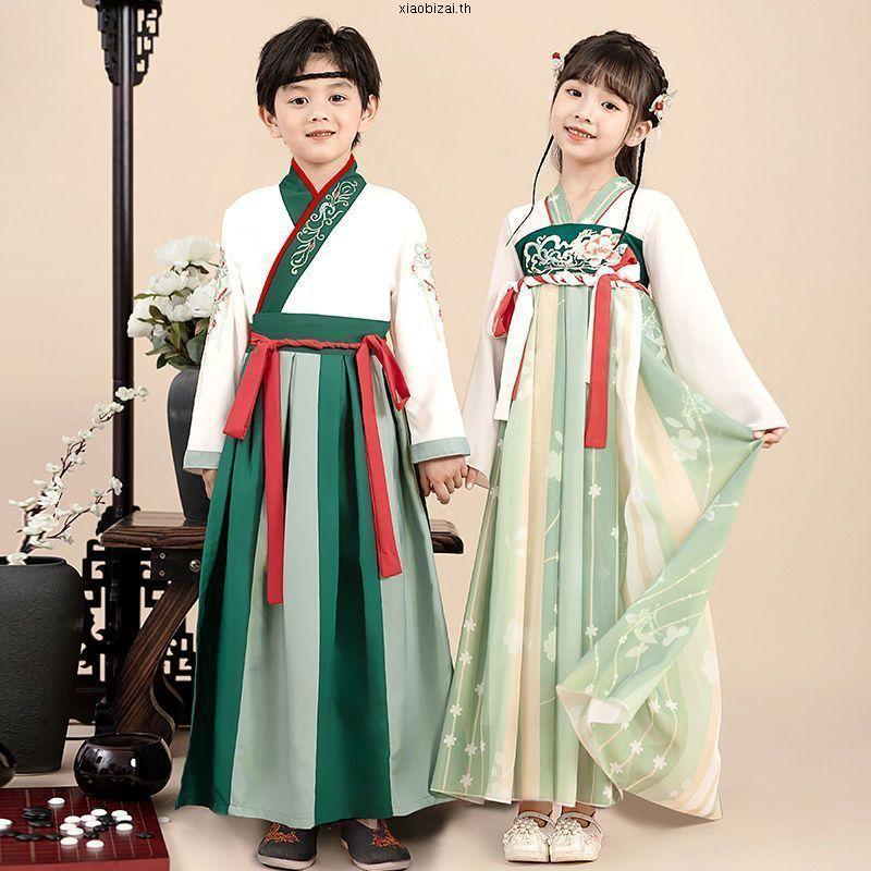 ชุดฮันฟูเด็กผู้หญิง 2024 สไตล์จีน แขนสั้น กระโปรง Ru บาง ชุดโบราณ ชุดนางฟ้า