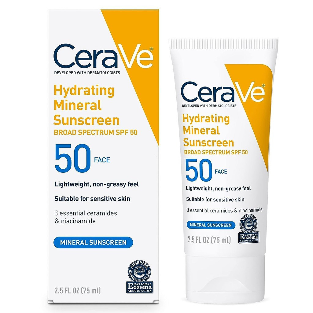 CeraVe 100% Mineral Sunscreen SPF 50 ก. แต่งหน้า ดฮนว คอเต่า Zinc Oxide & Titanium Dioxide, Hyaluron