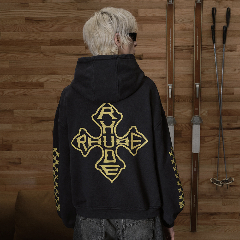 Rhude Totem Letter Hoodie โลโก้พิมพ์ Retro ทรงคลายตัวสำหรับทั้งผู้ชายและผู้หญิง