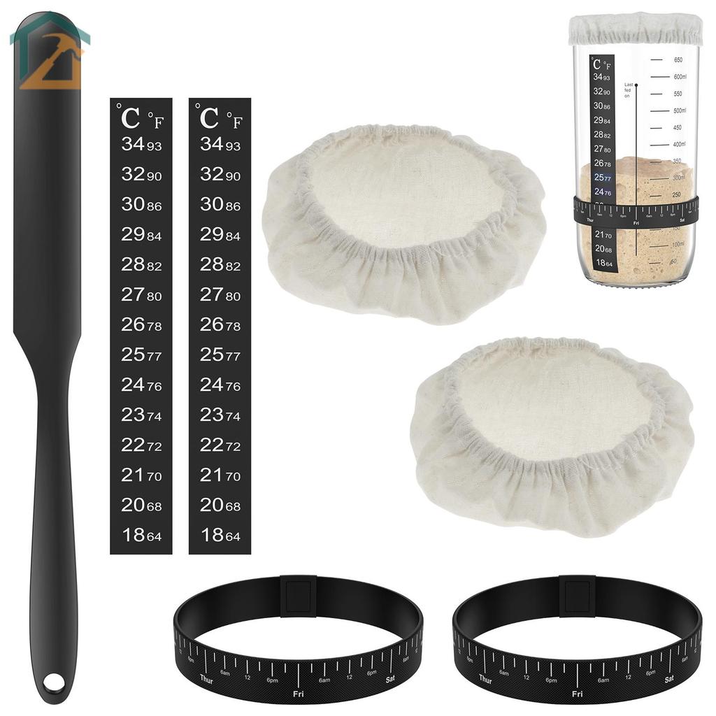 7 ชิ้น Sourdough Starter Kit Sourdough Starter อุปกรณ์เสริมผ้าครอบคลุมอุณหภูมิและวันที่ Marked Feedi