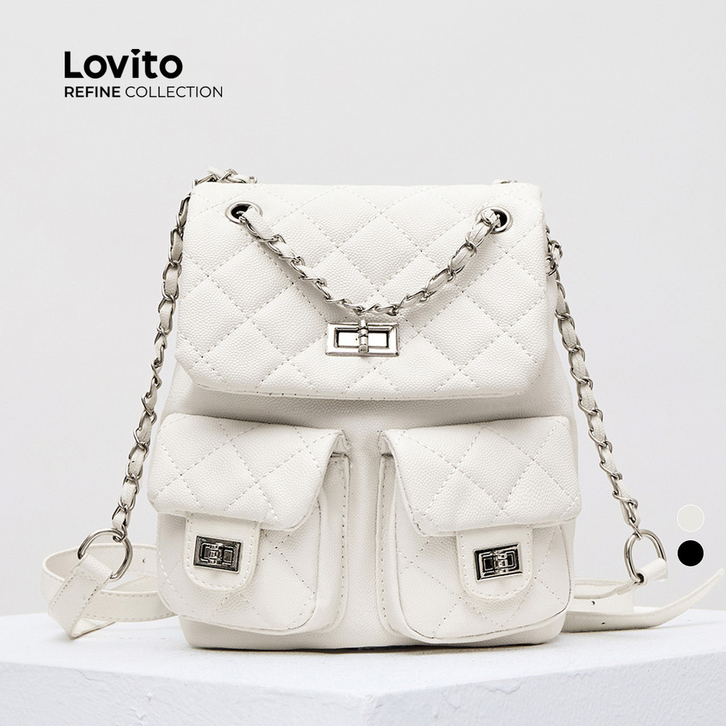 (Lovito Carry) กระเป๋าเป้สะพายหลังลําลองกระเป๋าเป้สะพายหลังสายโซ่ลายเพชรธรรมดากระเป๋าเป้สะพายหลังสําหรับสตรี LFA60150