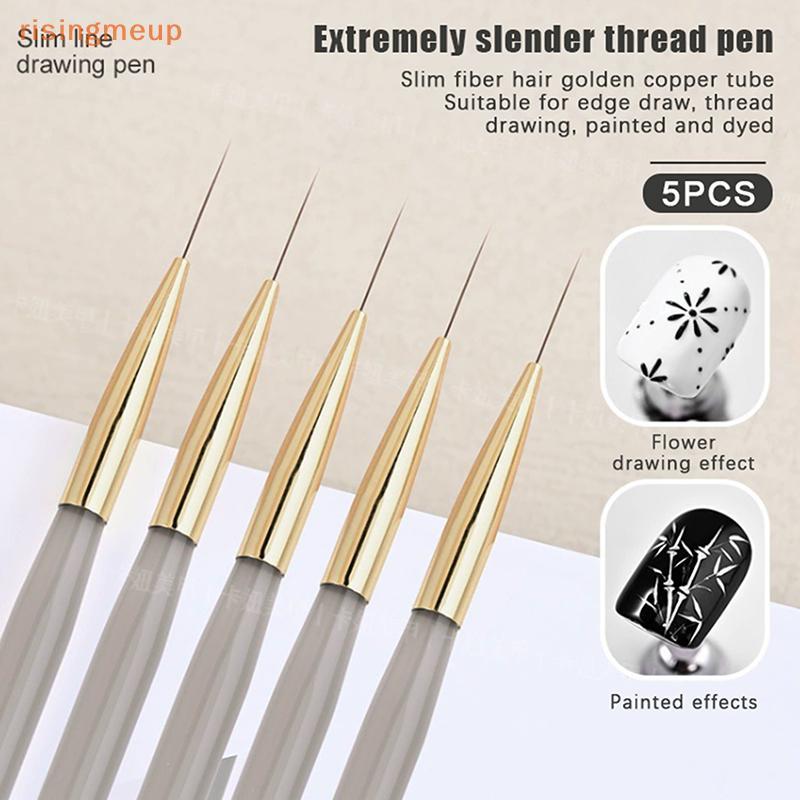 [risingmeup] 5 ชิ้นอะคริลิค Handle Extremely Fine Nail Art Liner ปากกา DIY จิตรกรรมแปรงวาดเส้นแถบดอกไม้ภาพวาดปากกา UV Gel แปรงใหม่