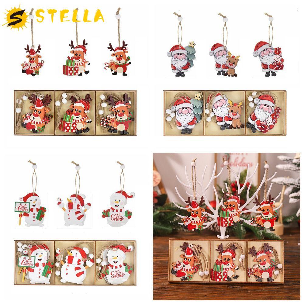 STELLA 9 ชิ้น/เซ็ต Xmas แขวนเครื่องประดับ, ไม้หัตถกรรม Snowman คริสต์มาสจี้ไม้, Creative Santa Elk ก