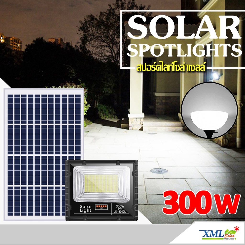 สปอร์ตไลท์โซล่าเซลล์ 300 W. รุ่นใหม่ JD8300L (แสง : ขาว)