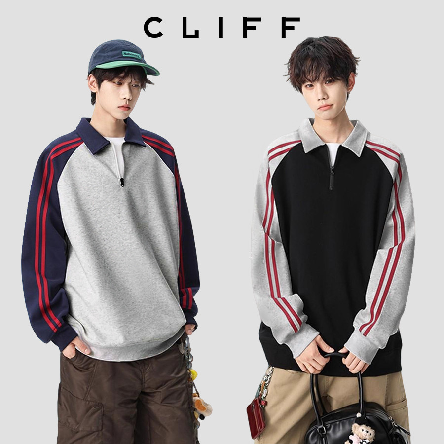 CLIFF เสื้อสเวตเตอร์คอปกลายทาง  สีต่อ  คลาสสิกแมทช์ลุคง่าย  รุ่นคู่รัก  แบบหลวม  เสื้อซิป