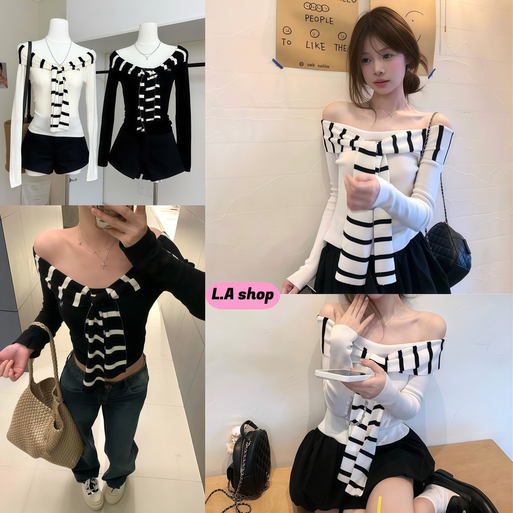 L.A Shop★เสื้อคุณภาพดี เสื้อไหมพรมแขนยาว เปิดไหล่ ทรงรัดพอดี หลายสี สไตล์มินิมอล FY7834-0