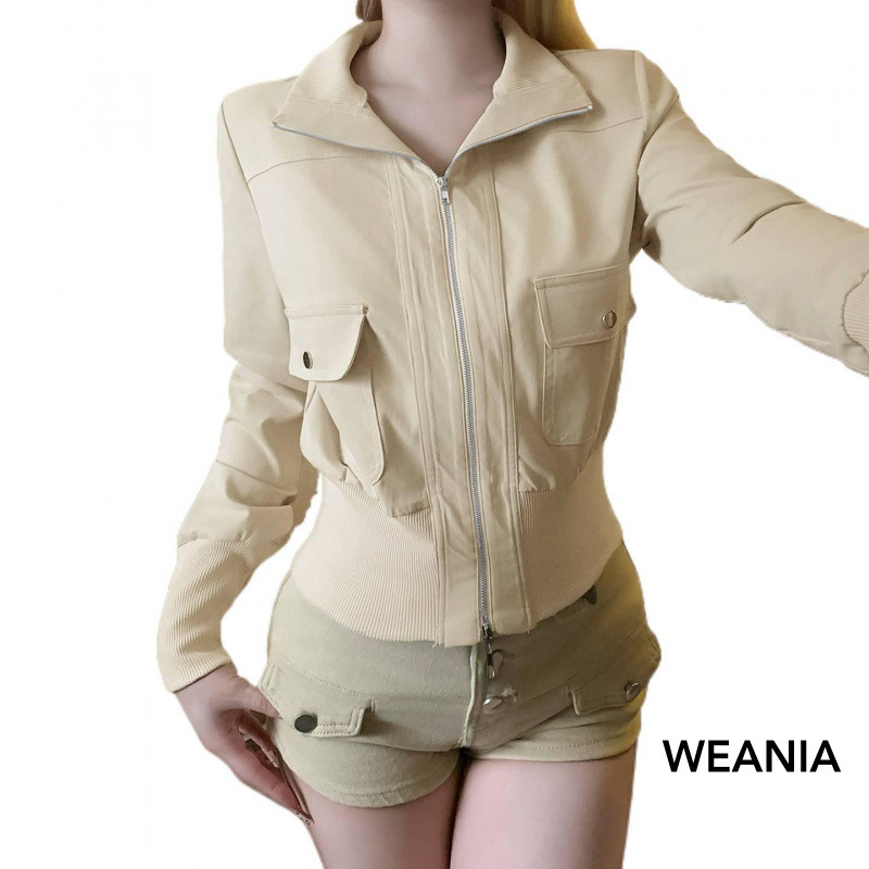 WEANIA Jacket วินเทจคอสูง สำหรับฤดูใบไม้ร่วงและหนาว พิมพ์แพทช์เวิร์คและมีกระดุมRibbed