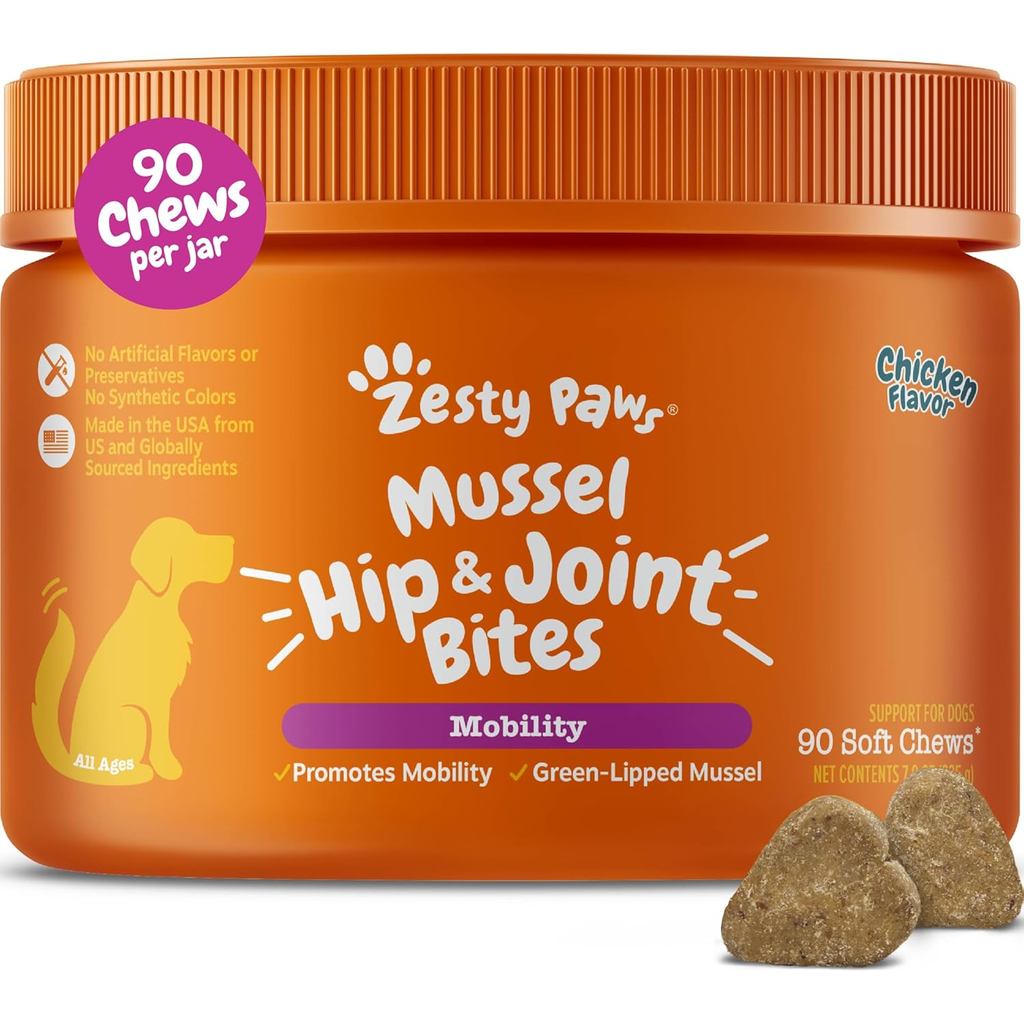 Zesty Paws Mussel Mobility Bites สําหรับสุนัข - Mussel สีเขียวนิวซีแลนด์พร้อมกลูโคซามีนธรรมชาติ & Ch