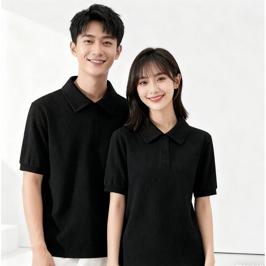 TrendyMen-แนววินเทจ ยอดนิยม ปกพับ POLO เสื้อ วาฟเฟิล เย็บปักถักร้อย แขนสั้นมีหนาม แฟชั่น เสื้อยืด