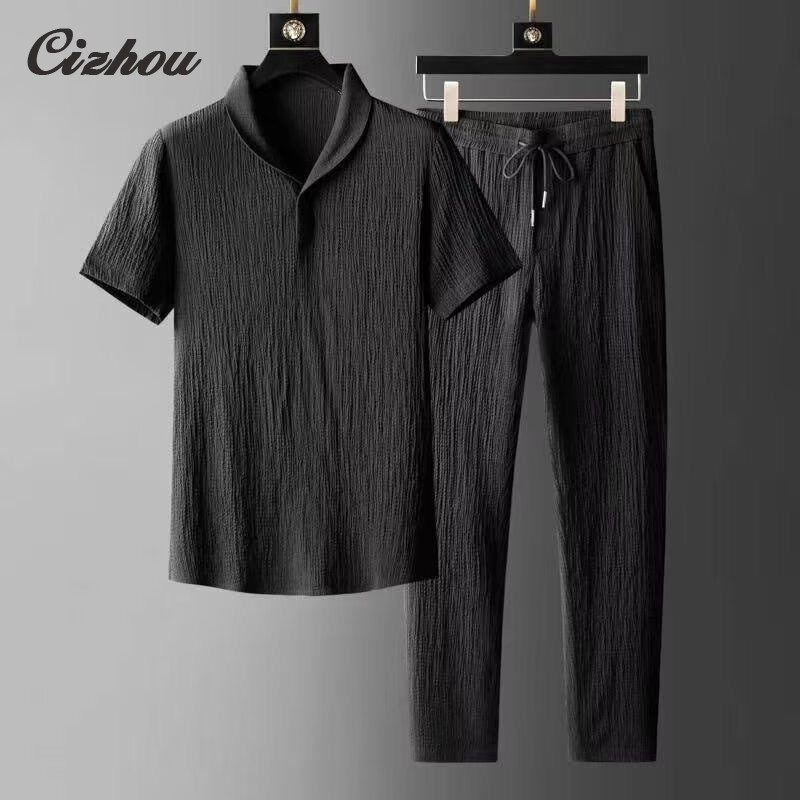 ชุดสูทแขนสั้นสำหรับผู้ชาย ทำจากผ้าลินิน สไตล์แฟชั่น เสื้อโปโลแขนสั้นมาพร้อม