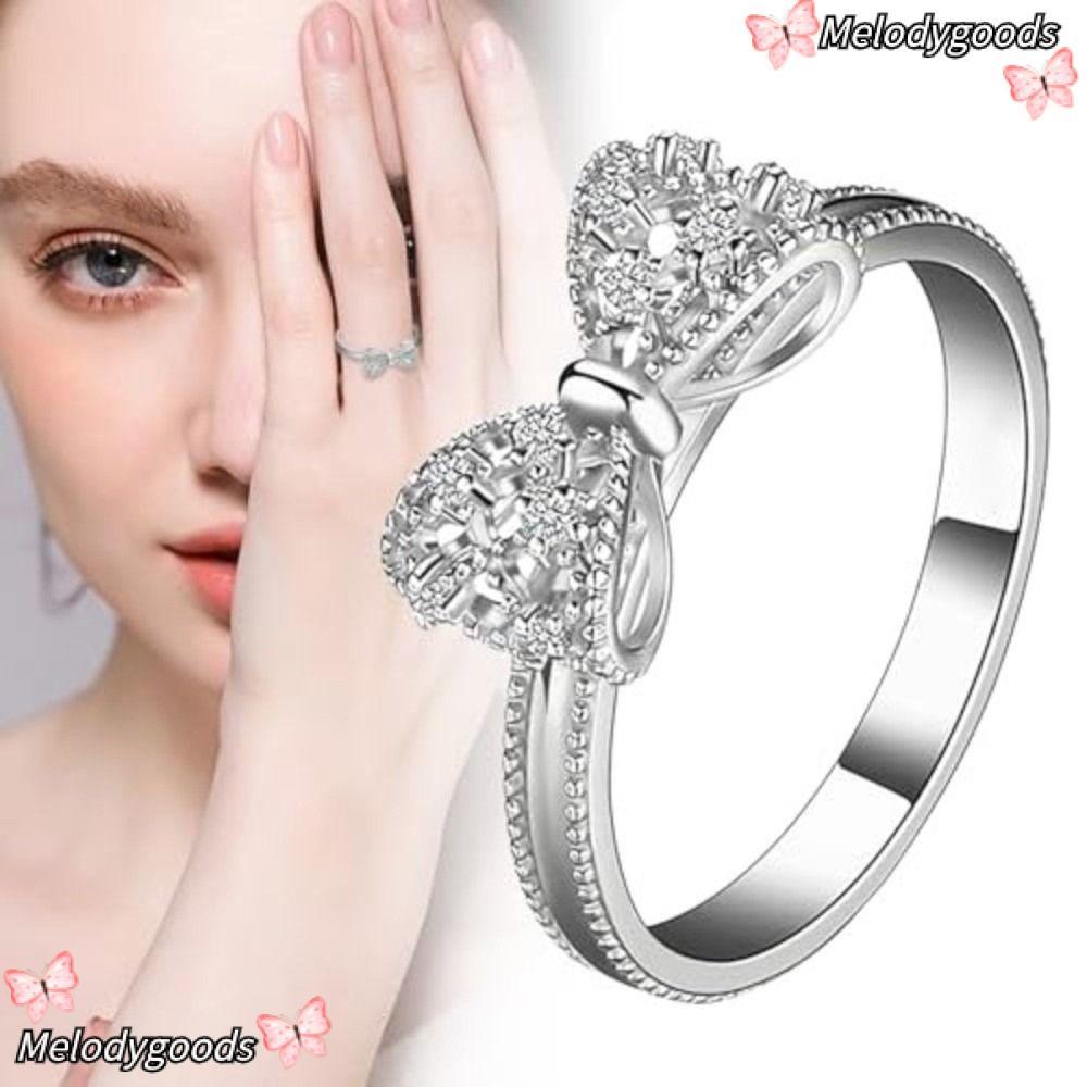 MELODG แหวนโบว์, เครื่องประดับ Bowknot อุปกรณ์เสริม Cubic Zircon แหวน, เครื่องประดับแฟชั่นประกายคริสตัลเงินแหวนแต่งงานผู้หญิงสาว