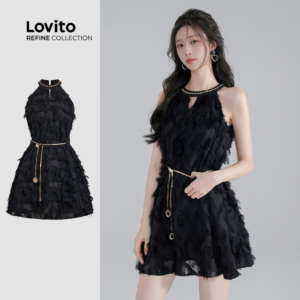 (New) (Lovito Refine) ชุดเดรสสีดำแนวสบาย ๆ สำหรับสาว ๆ สลับรอบคอเปิดหน้า แขนสั้น ฤดูใบไม้ผลิ/ฤดูร้อน LR18E049