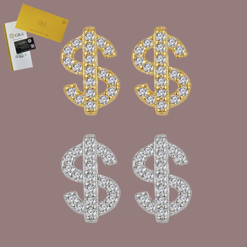 รวมใบรับรอง GRA 18K Gold Plated Full Diamond Dollar Letter Stud ต่างหู Unisex