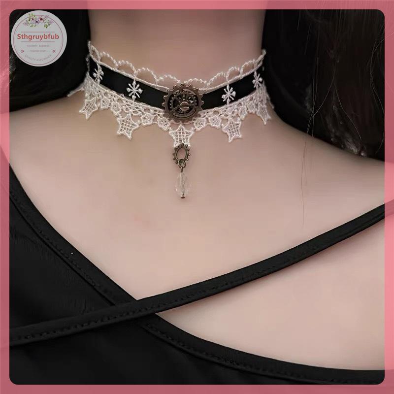 STHB Gothic Punk Steampunk สร้อยคอคริสต์มาสริบบิ้นลูกไม้ Choker Collar สร้อยคอ VN