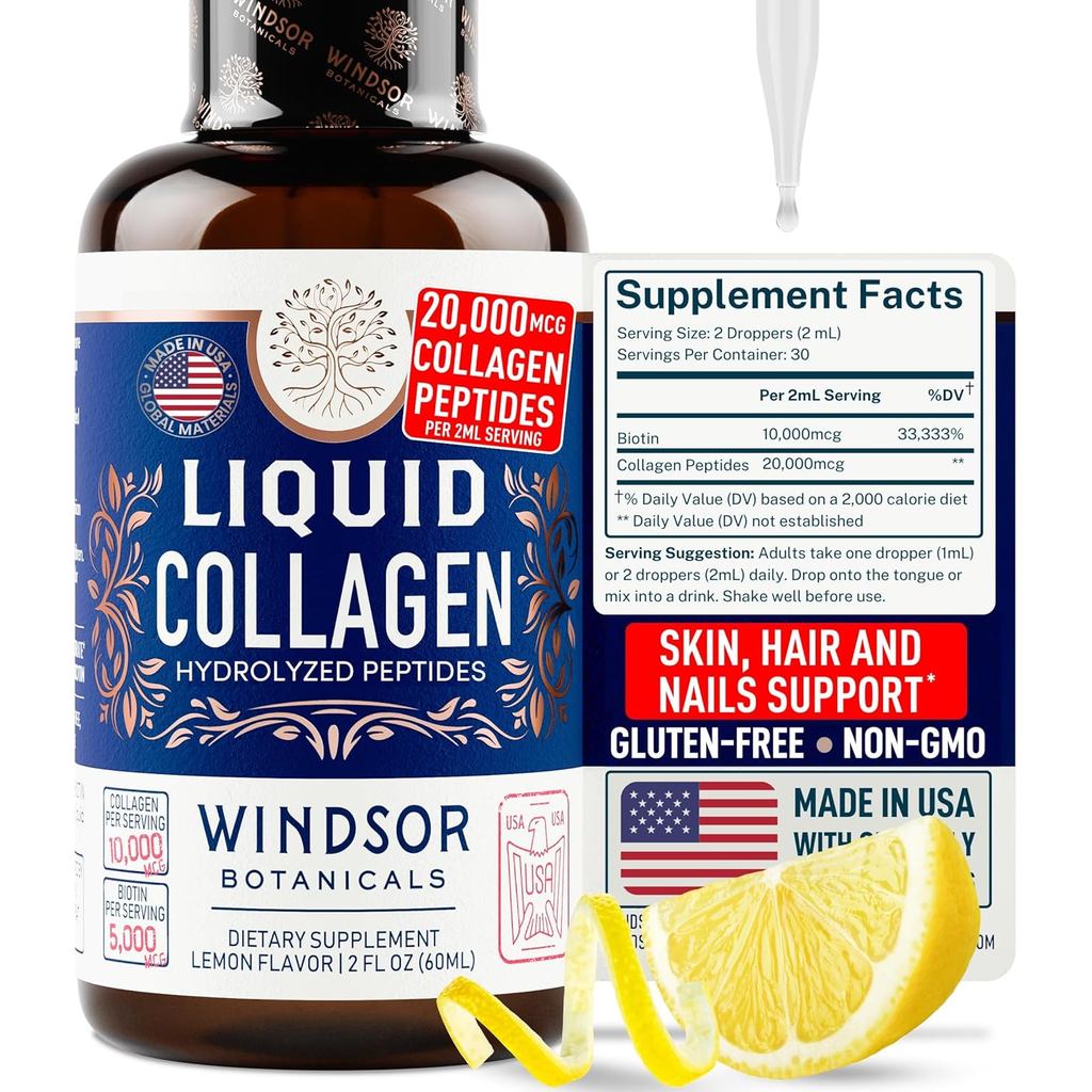 อาหารเสริมคอลลาเจนเหลวเข้มข้น - ผม, ผิว, เล็บ, ข้อต่อรองรับ - หยดย่อย โดย WINDSOR BOTANICALS - 10,00