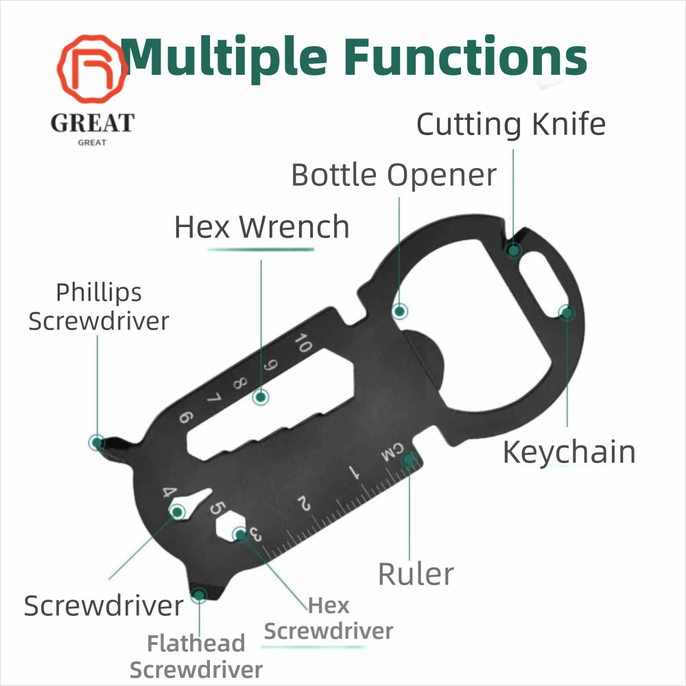 GREATMY EDC Tools Card, สแตนเลสเงิน Gadgets กลางแจ้ง, แบบพกพามัลติฟังก์ชั่สีดําเบียร์เปิด EDC