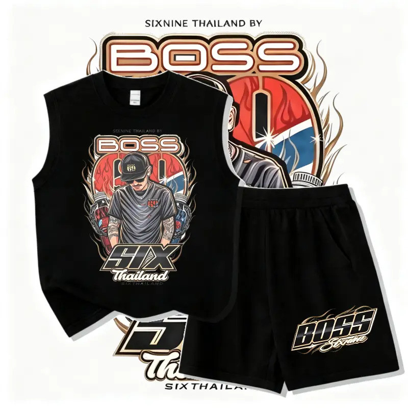 【Kidwith】COD kids เสื้อพิมพ์ลาย hiphop street SIX BOSS แบรนด์  เสื้อกล้ามครบรอบ ชิ้น แฟชั่น เซ็ตชุดเด็ก เสื้อ+กางเกง ชุ