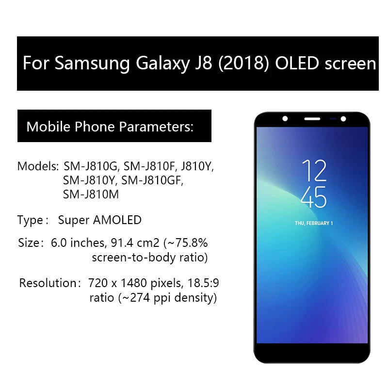 สําหรับ Samsung Galaxy J8 J810G, J810F, J810Y, J810GF, J810M จอแสดงผล LCD Touch Screen Assembly สําห
